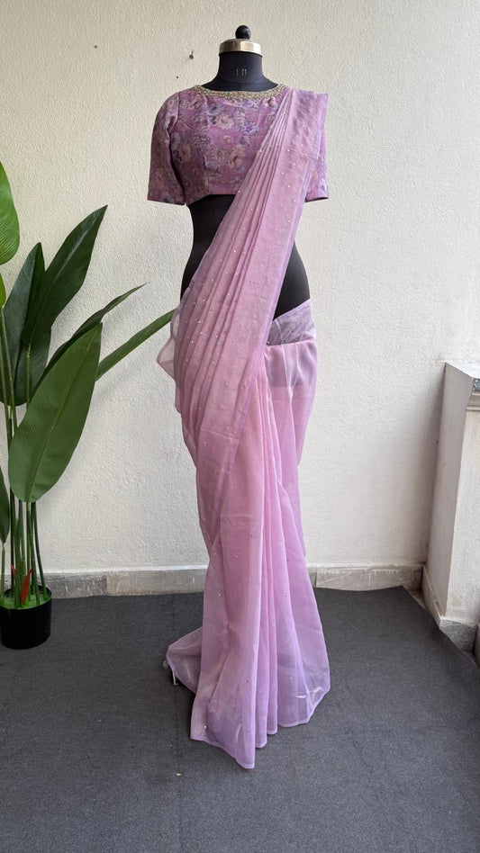 Lavender tissue saree with mirror floral blouse
