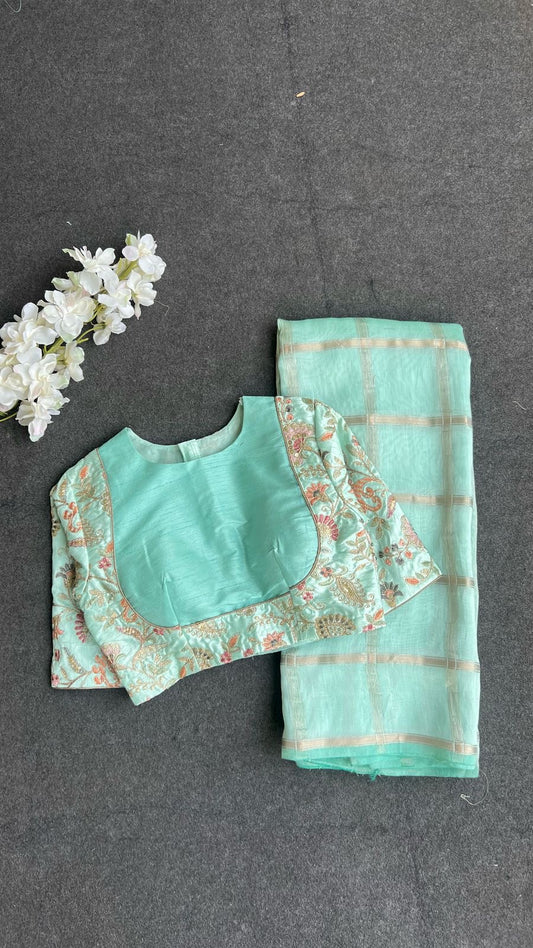 Cyan blue embroidery work blouse