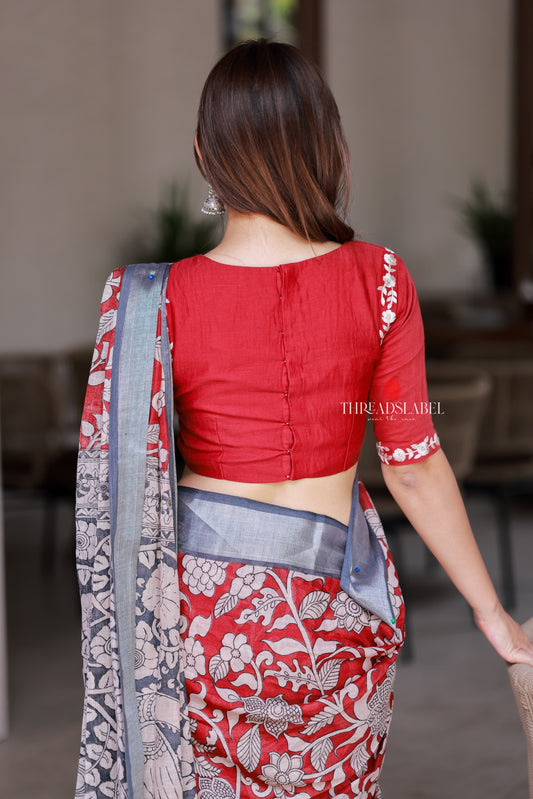 Red linen cotton kalamkari saree with embroidery blouse