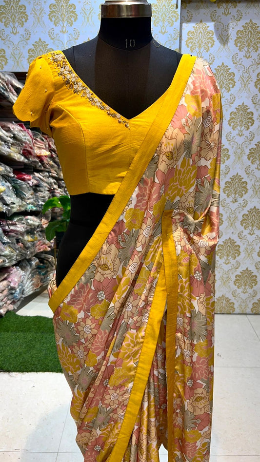 Yellow viscose floral saree with hand worked blouse