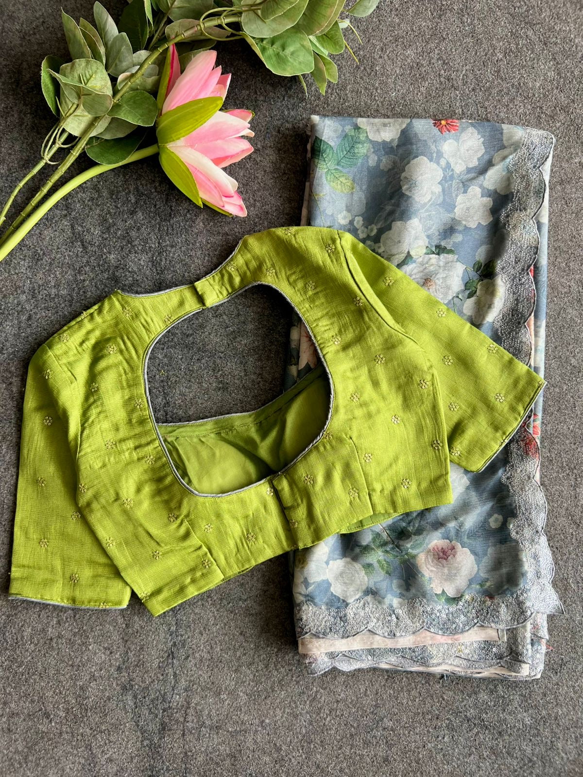 Grey floral chiffon saree with green blouse