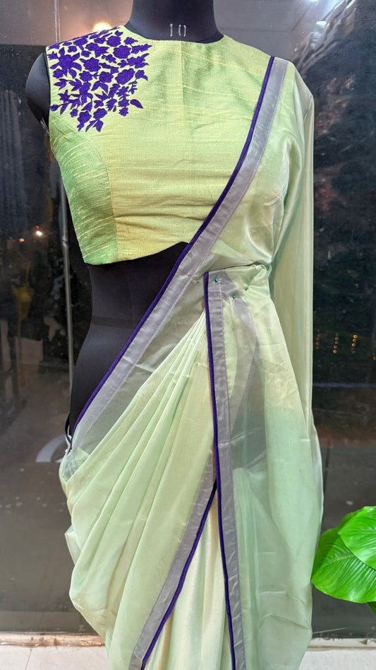 Pista green soft organza saree with embroidery blouse