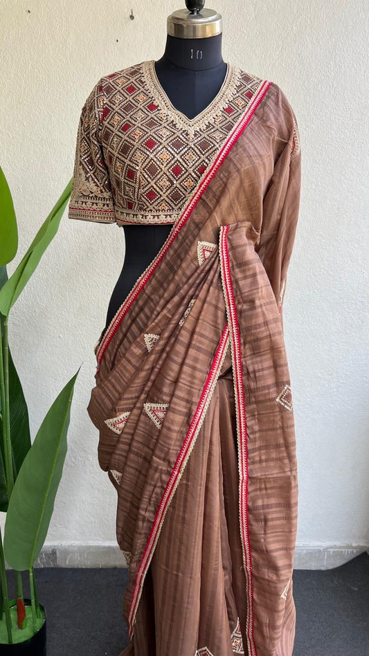 Caramel muslin silk embroidery saree with blouse