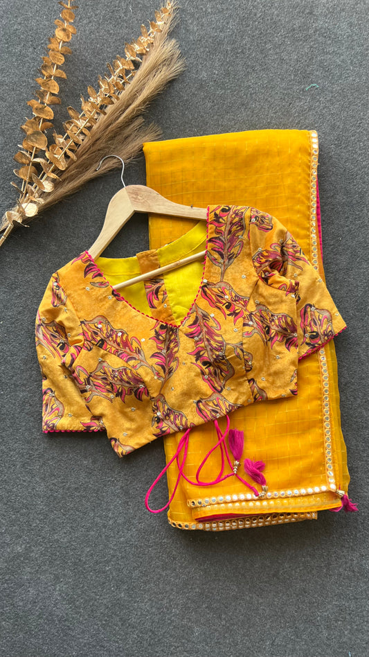 Yellow checked organza saree with velvet embroidery blouse