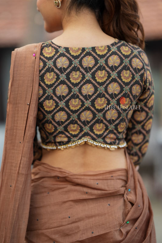 Brown malai chanderi saree with Ajrak print blouse