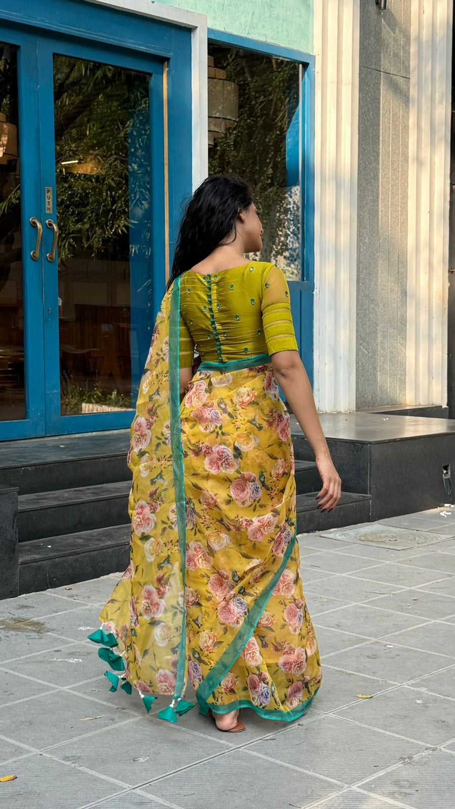 Fenugreek floral organza designer saree