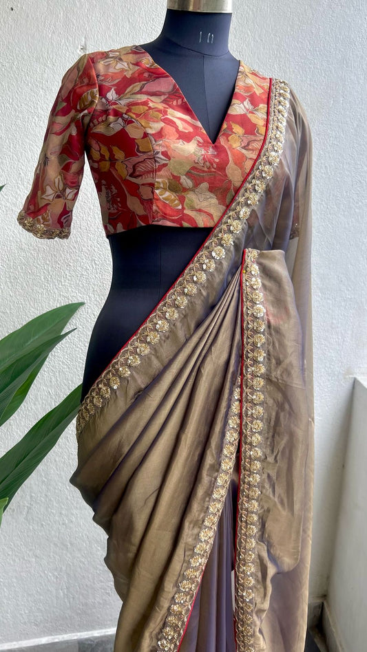 Grey soft tissue saree with floral embroidery blouse