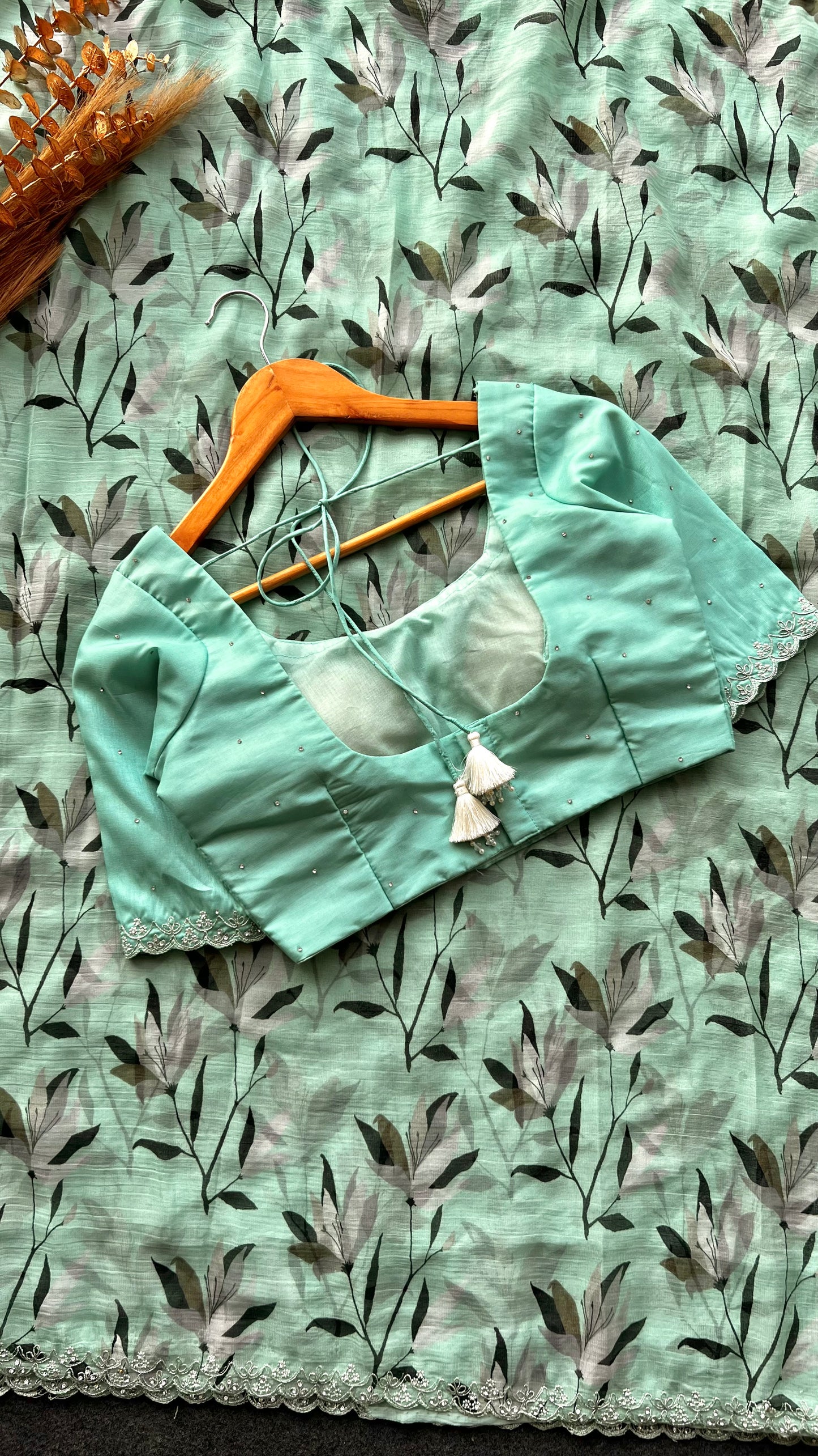 Cyan blue chiffon saree with hand worked blouse