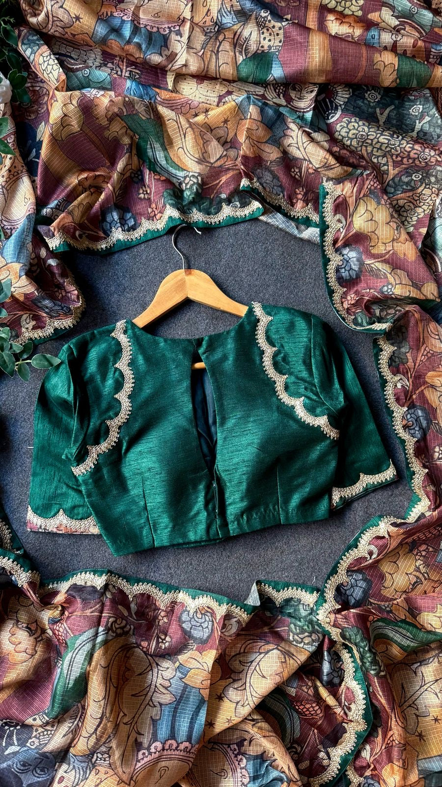 Brown kota kalamkari saree with embroidery blouse