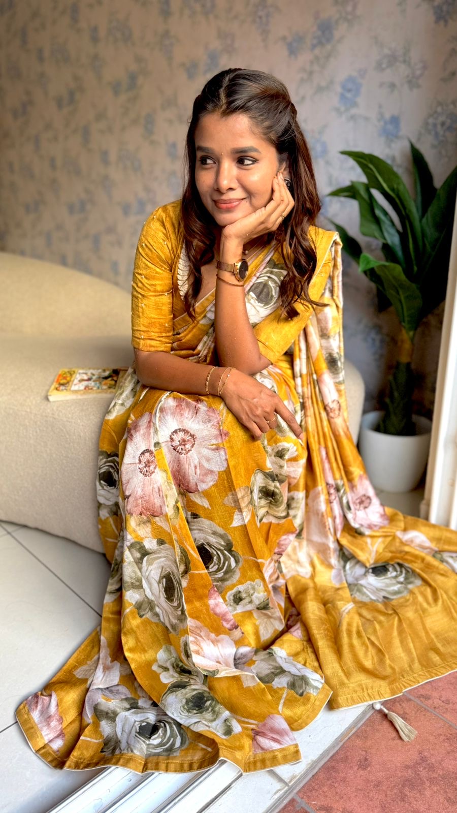 Mustard yellow marble saree with pearl work blouse