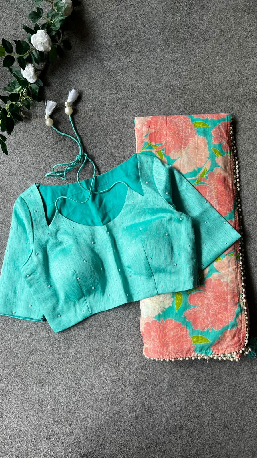 Cyan blue Pink floral cotton saree with hand work blouse