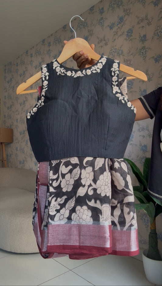 Black linen cotton kalamkari saree with embroidery blouse