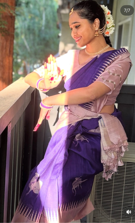 Purple cow tusser saree with hand worked blouse