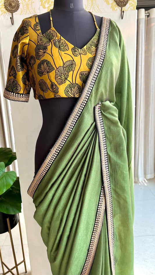 Green marble silk saree with pure silk printed blouse