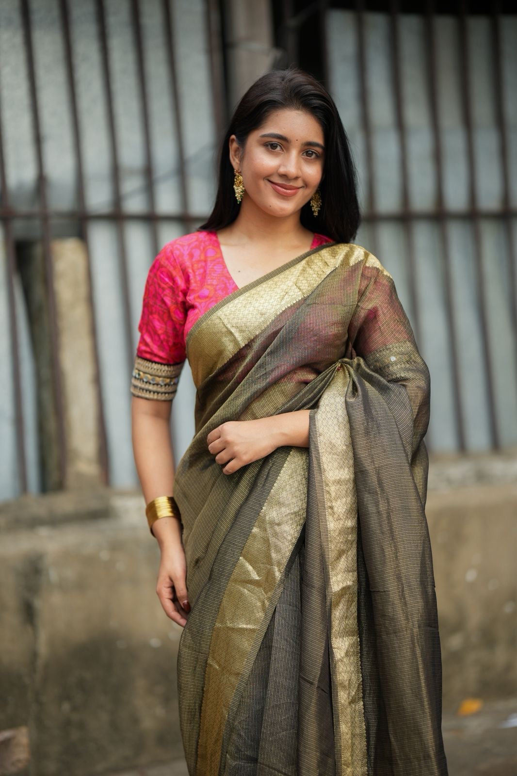 Black & gold banarasi silk saree with pink ikkat blouse