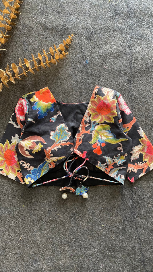 Black floral printed cotton blouse