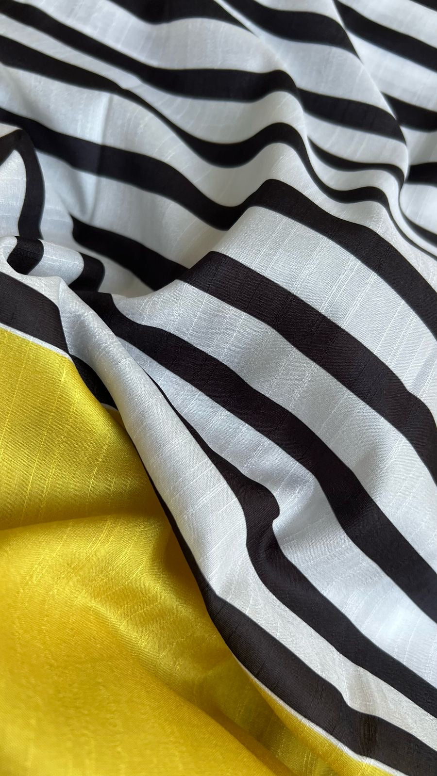 Black & white striped kossa saree with yellow embroidery blouse