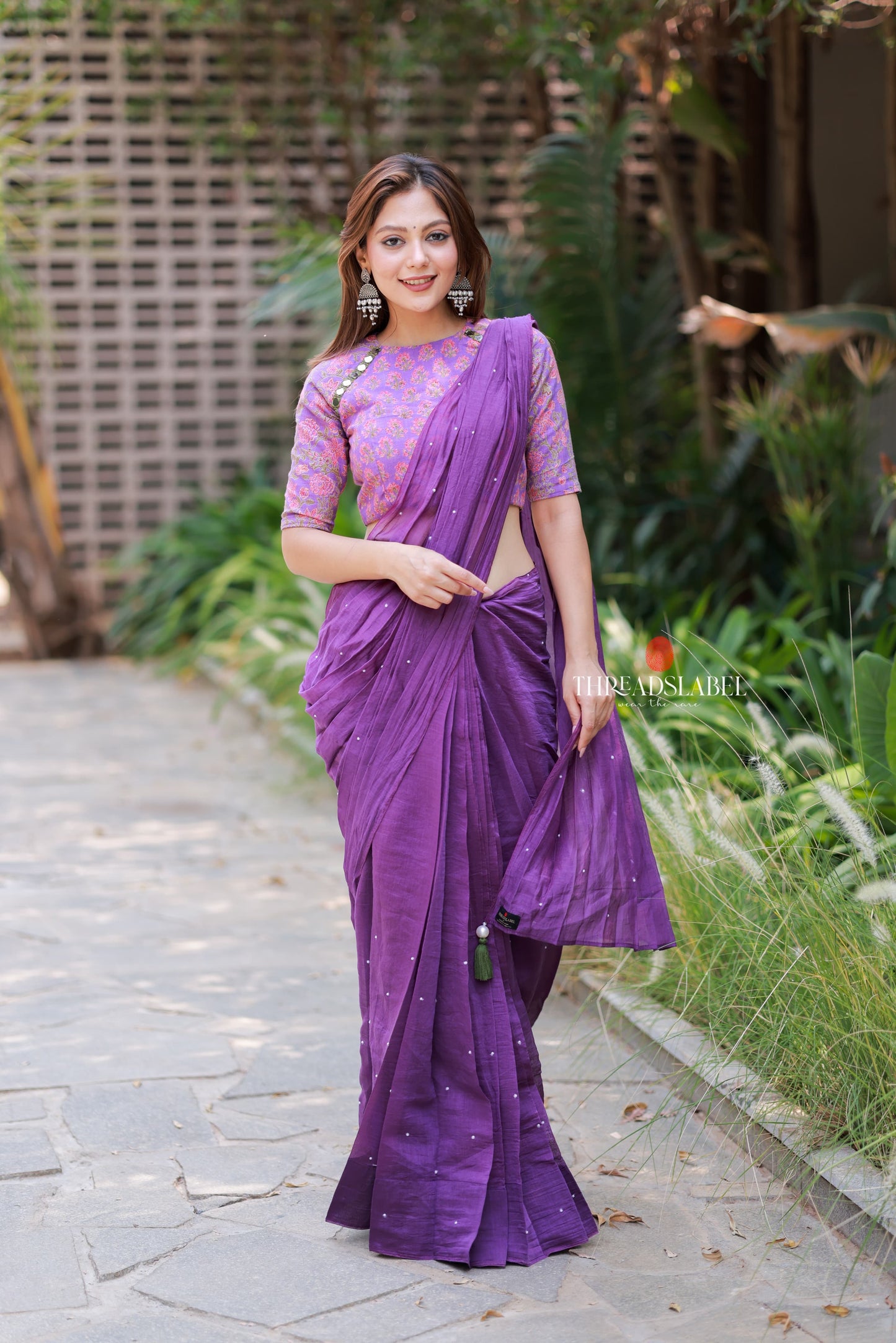 Purple mul chanderi saree with mirror work blouse