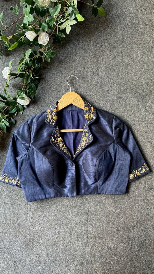 Midnight blue silk collar hand worked blouse