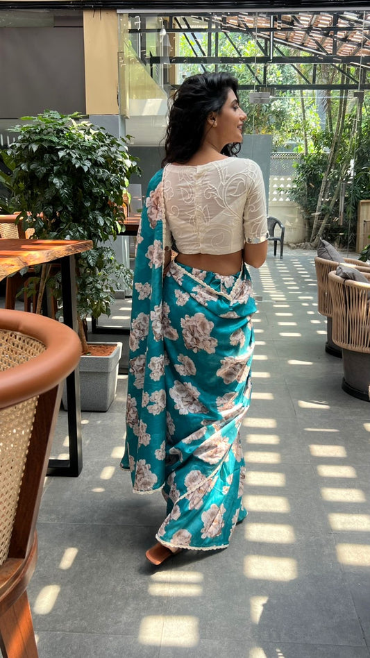 Blue floral soft silk saree with cotton mirror work blouse