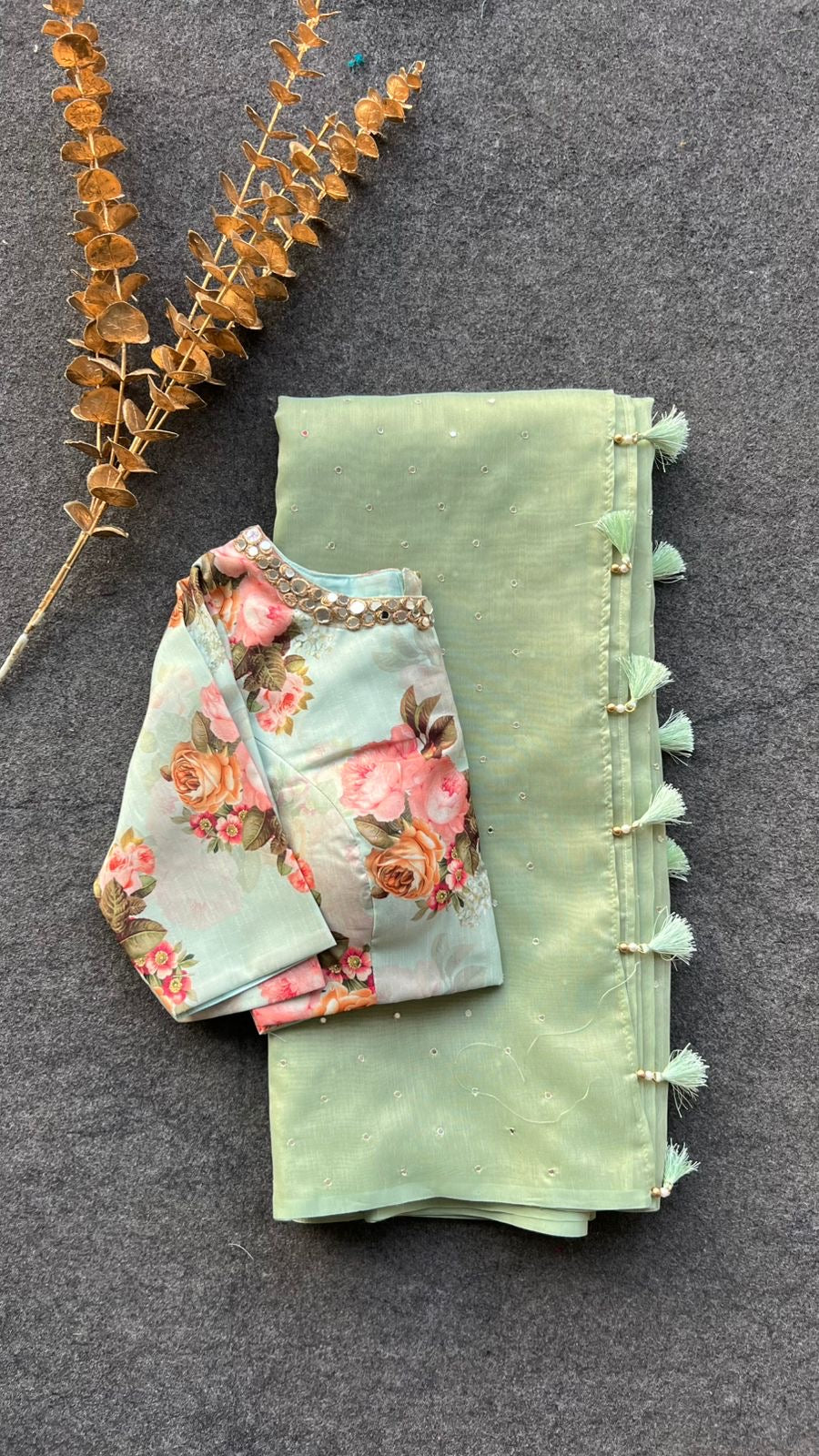 Light green tissue saree with mirror floral blouse