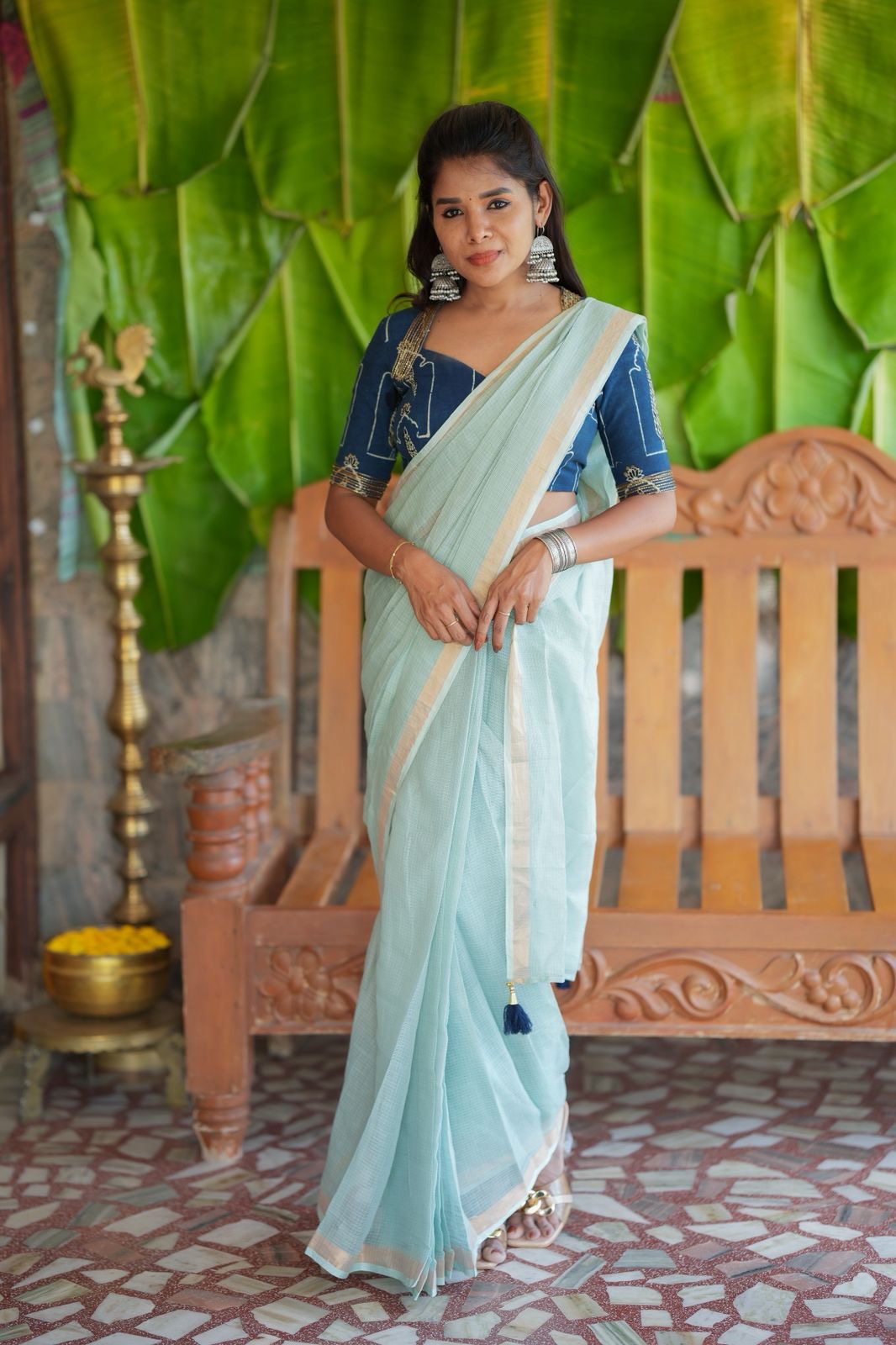 Aqua blue kota doria saree with hand work blouse