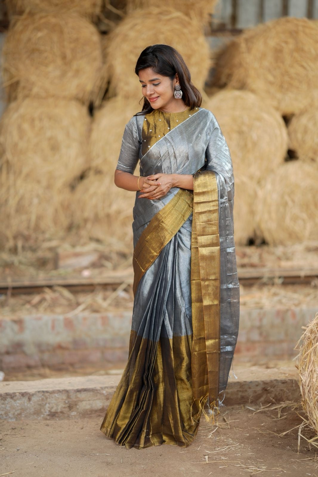 Silver grey gold soft tissue saree with handwork blouse