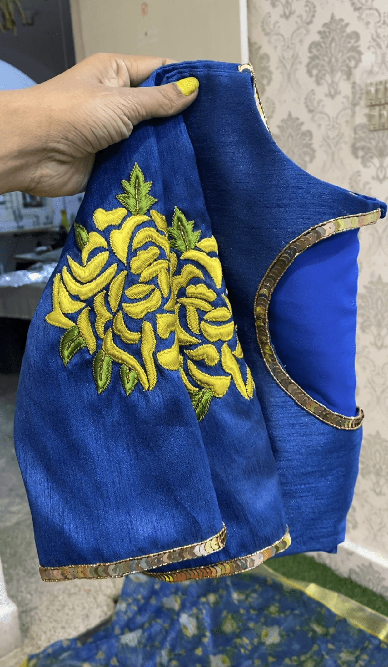 Blue Silk Blouse with Threaded Floral hand work