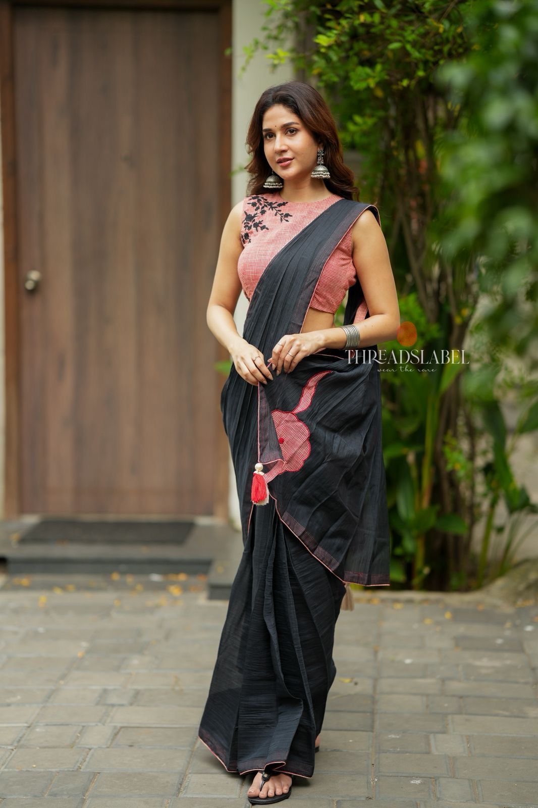 Black mul chanderi saree with pink embroidery blouse