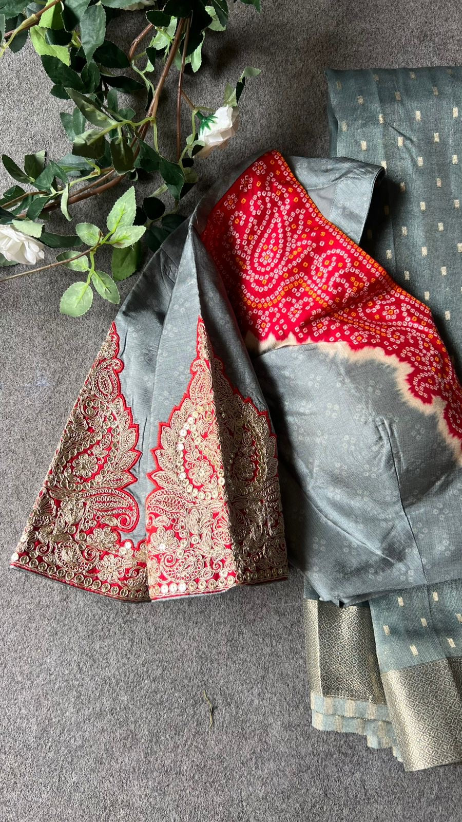 Grey banarasi saree with heavy embroidery blouse