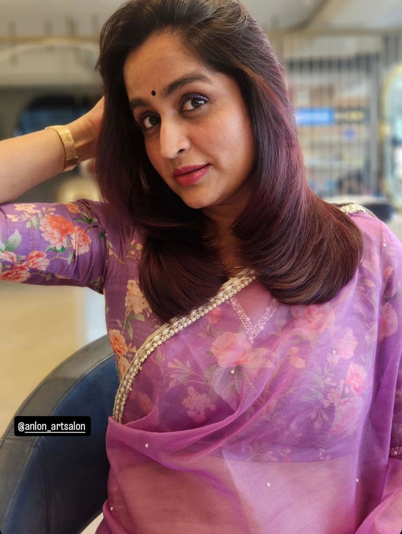 Lavender organza saree with pearl hand work blouse