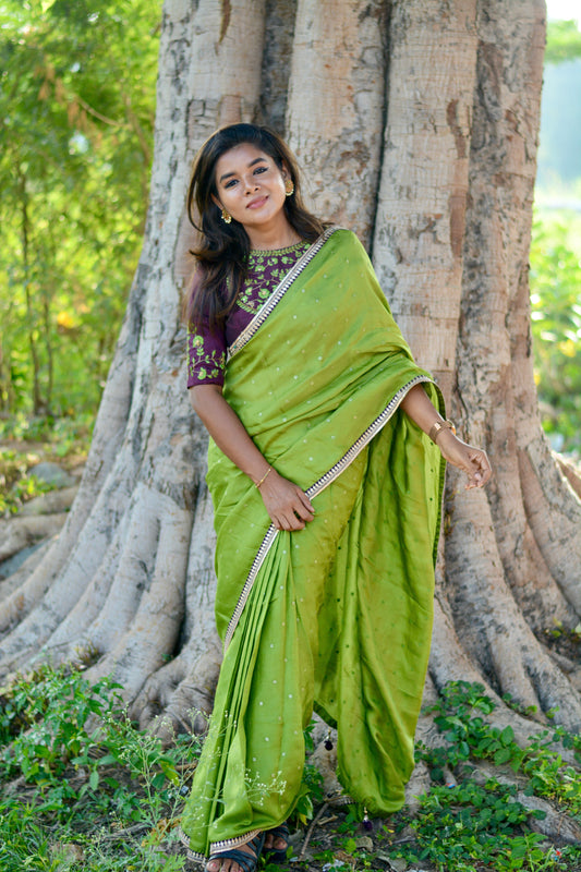 Green jute saree with brown hand worked blouse
