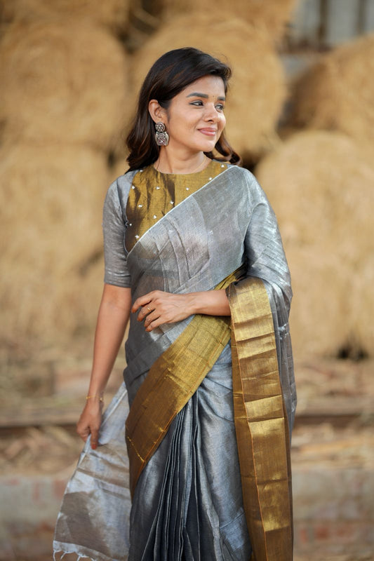 Silver grey gold soft tissue saree with handwork blouse