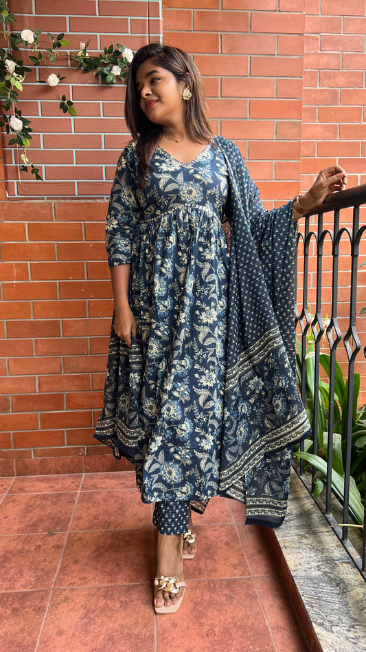 Deep blue cotton embroidered 3 piece kurti suit