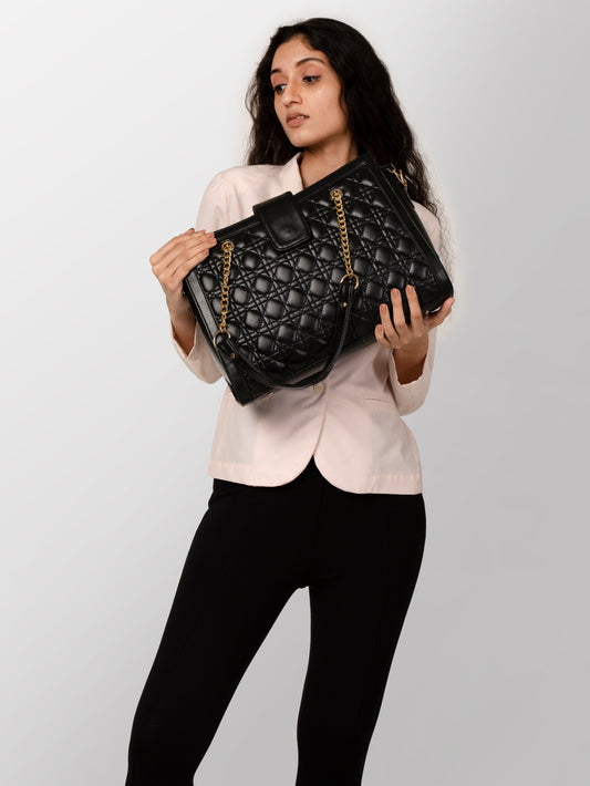 Women black textured office & fashion bag