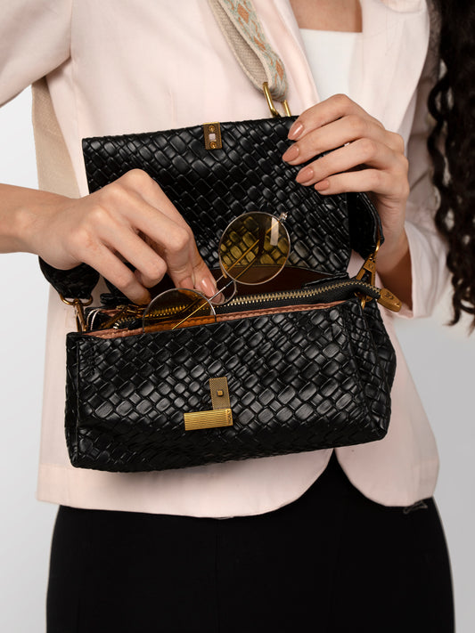 Women black textured hand bag
