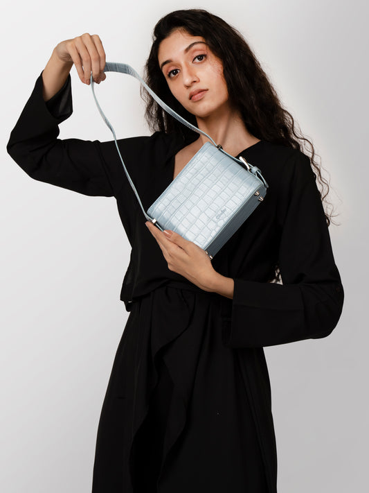 Women blue-grey textured hand bag