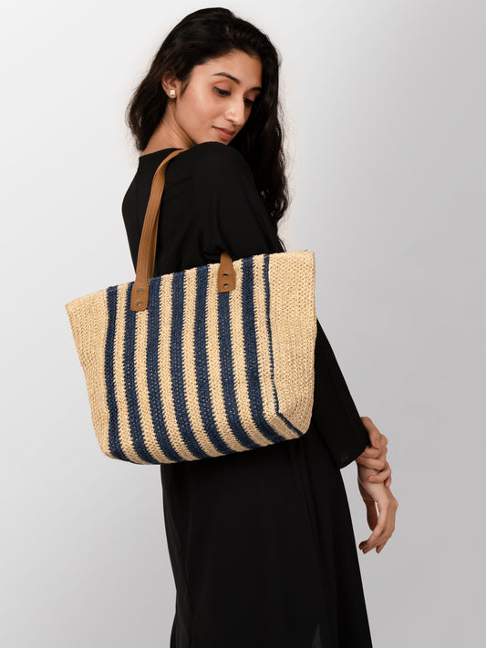 Women cream blue jute textured fashion bag
