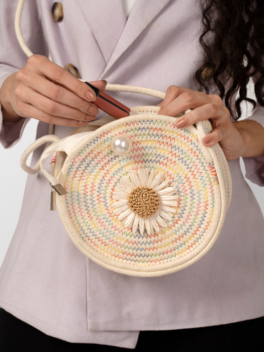 Cream threaded women fashion bag