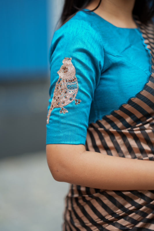 Black & copper stripped tissue saree with bird work blouse