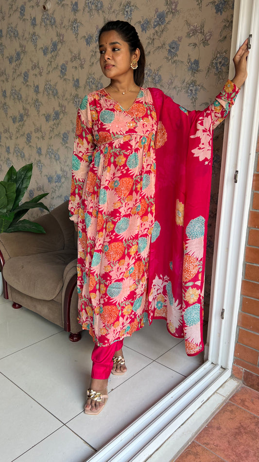 Reddish pink embroidered 3 piece kurti suit