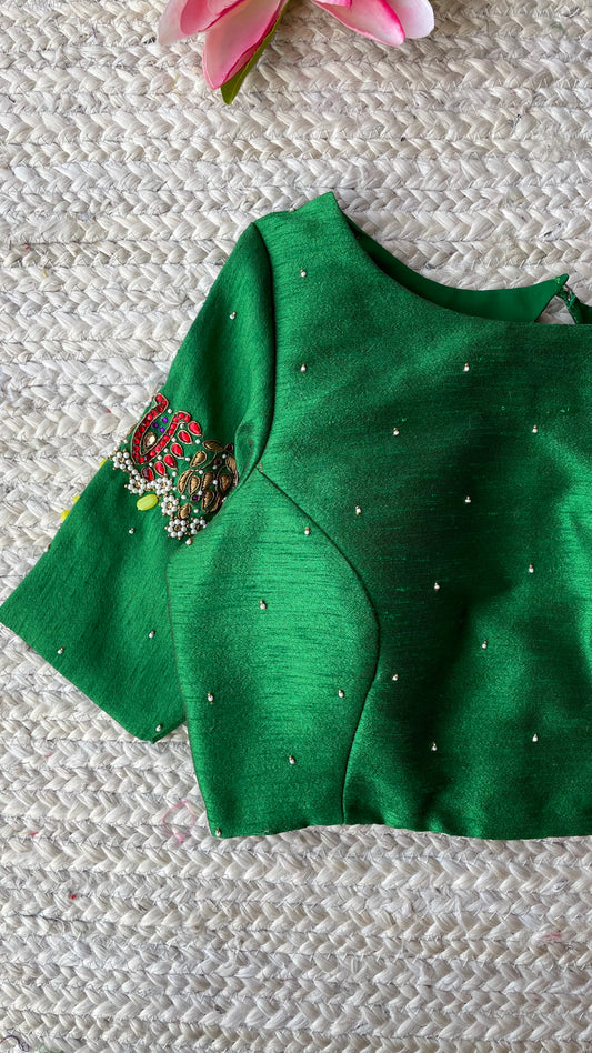Green silk sleeves hand made blouse