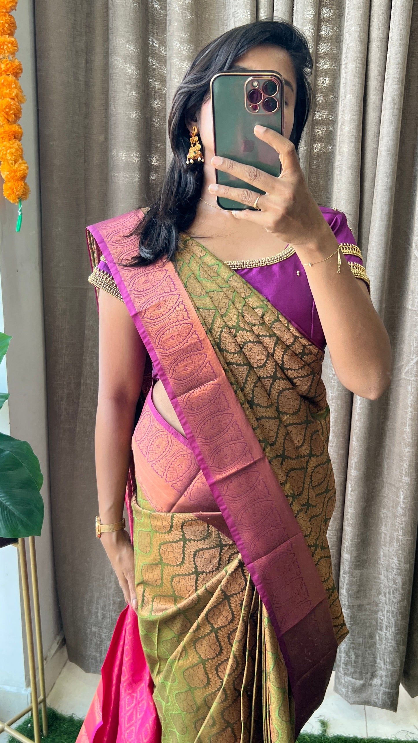 (Free full draping )Green and golden silk saree with purple hand work blouse