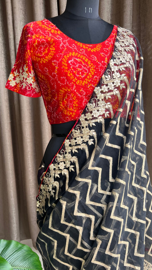 Black organza saree with chiffon embroidery blouse - Threads