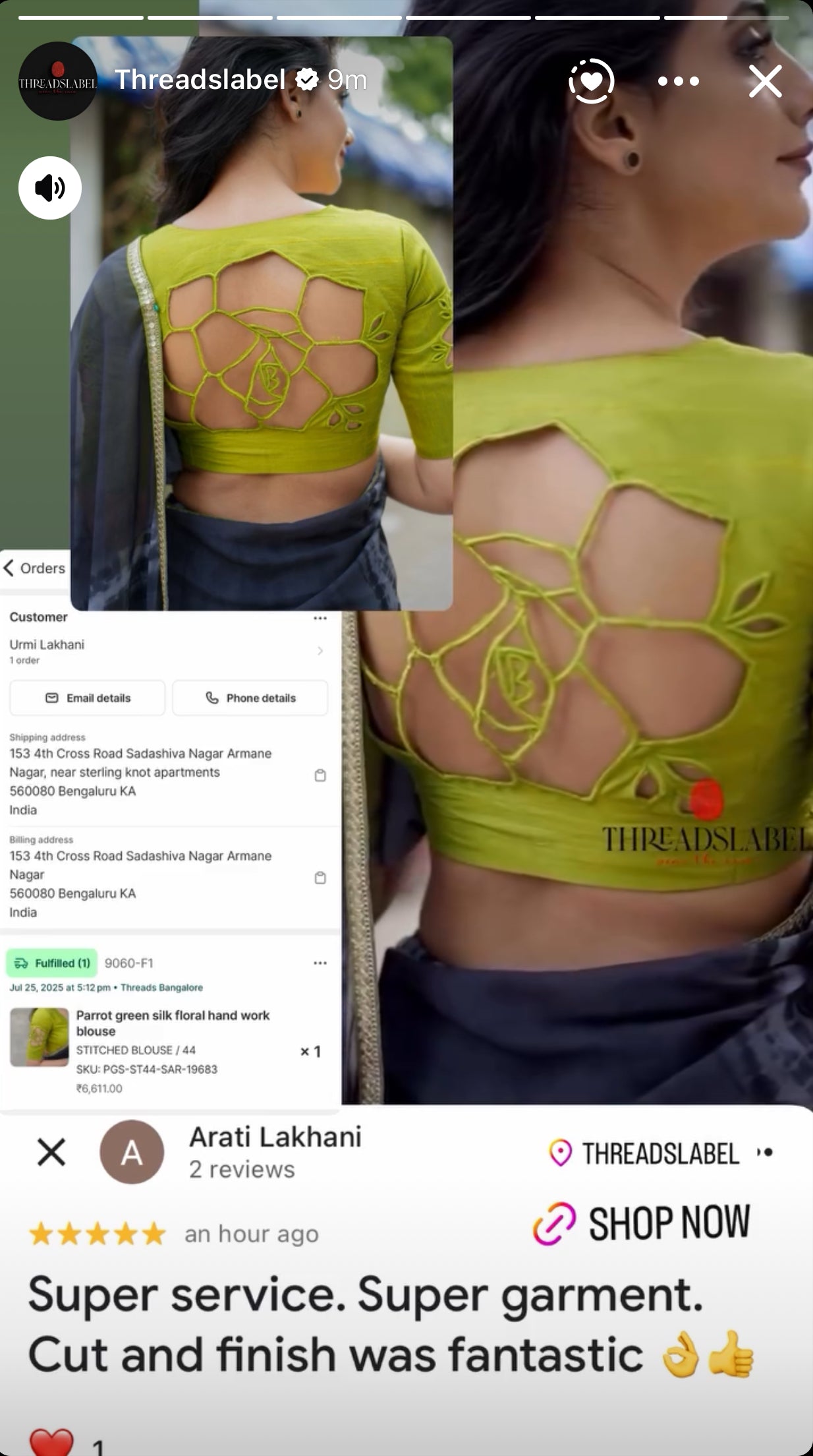 Parrot green silk floral hand work blouse (only blouse )