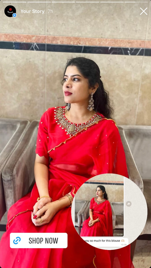 Red Jewel Neck Hand worked blouse