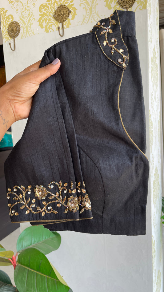 Black silk collar & sleeves hand worked blouse