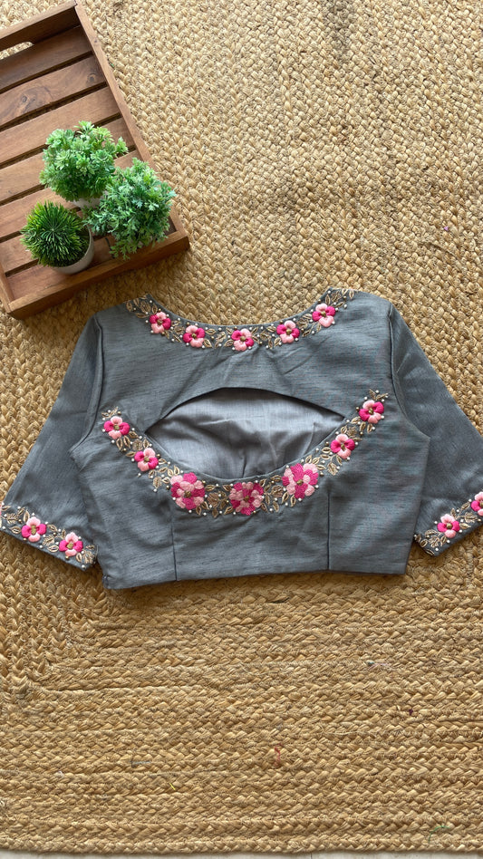 Grey silk floral intricate hand worked blouse