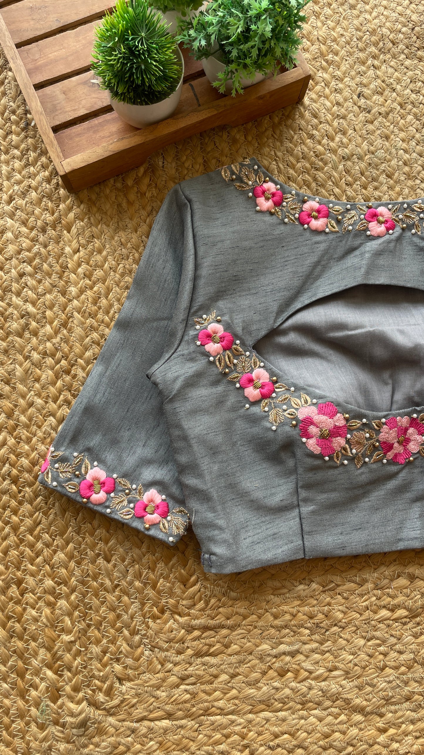 Grey silk floral intricate hand worked blouse