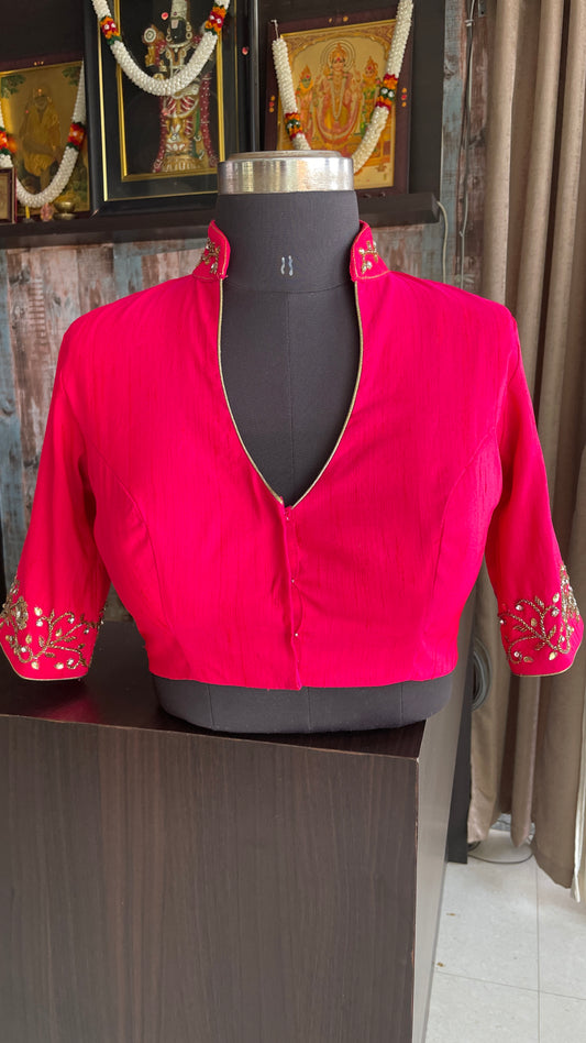 Pink silk collar & sleeves hand worked blouse